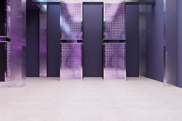 Photo light purple server room interior database and technology concept 3d rendering