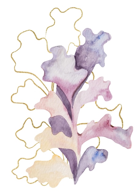 Light purple Watercolor and golden seaweeds Illustration isolated element for beach wedding design