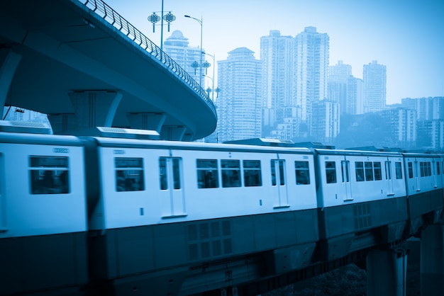 Light rail runs on bridges at high speed in Chongqing, China