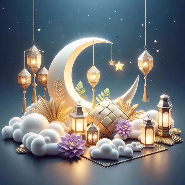 Foto luce nella luna di ramadan e lanterna disegno di sfondo