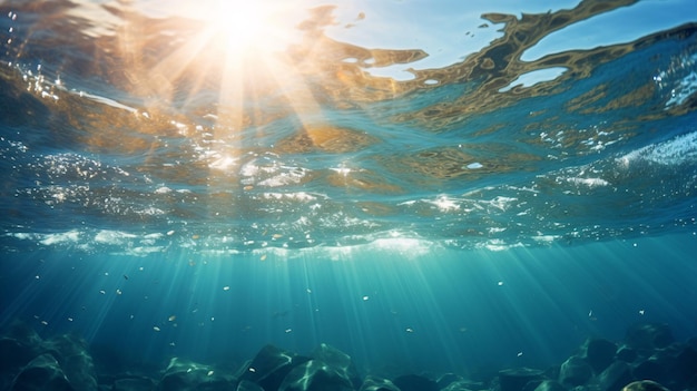 写真 フランスの地中海で泡が浮かぶ水面下の光線