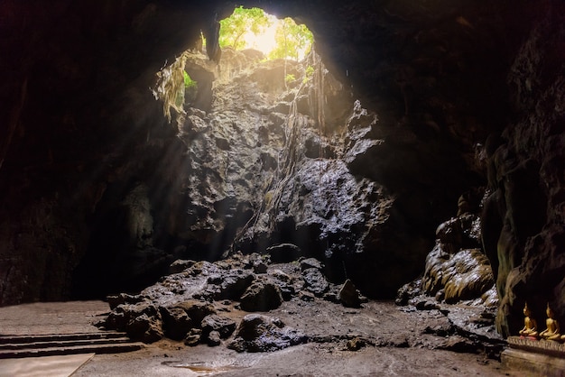 Raggi di luce che entrano nella grotta di khao luang. caverna di khao luang a phetchaburi, tailandia Foto Premium