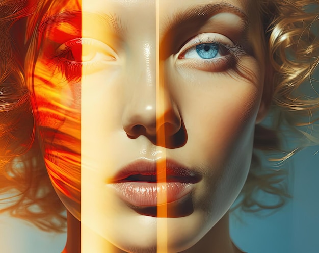 a light rays pass over a womans face in the style of double exposure