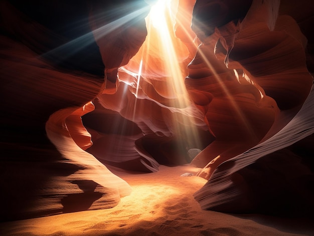 Light rays shine through a cave in antelope canyon.