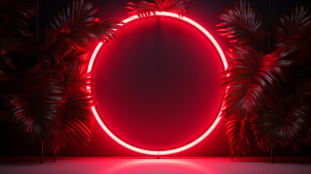 Light red circular neon light with tropical leaves AI generative