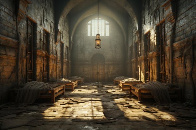 Light of Redemption 3D Rendering of Prison Cell with Rays from Windowのリデンプションの光は刑務所の牢屋の窓から放たれた光で描かれている