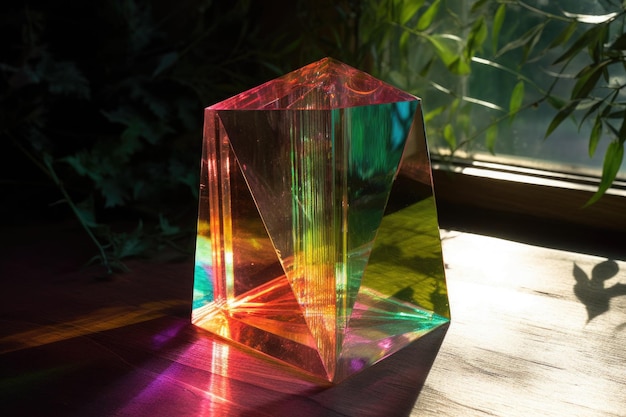 Photo light refracting through artistic glass prism created with generative ai