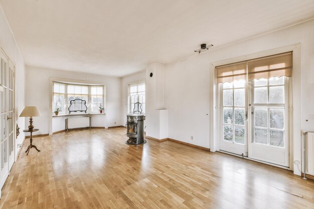 Light room with fireplace and counters