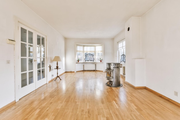 Light room with fireplace and counters