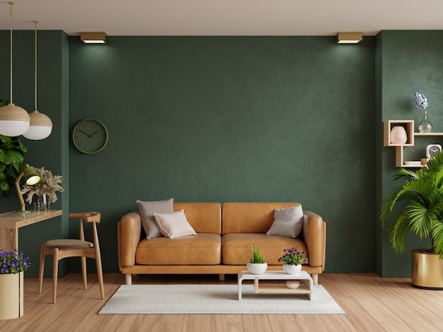 Photo light room with leather sofa and decoration room on empty dark green wall background