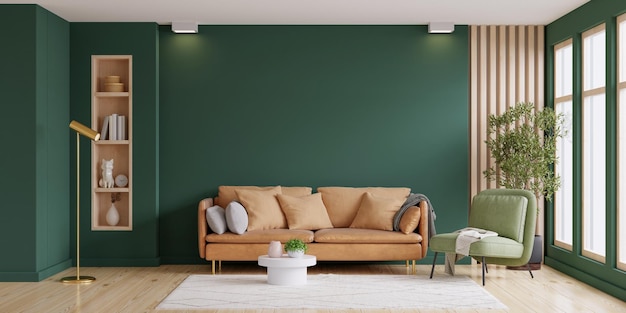 Photo light room with sofa and armchair on empty dark green wall background