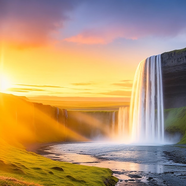 Light seljalandsfoss waterfall during the sunset generated by ai