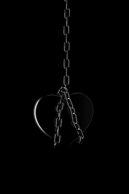 Light and shadow of hanging heart in the darkness. 3D rendering.