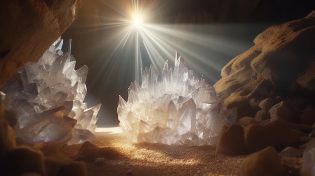 A light shines on crystals in a cave.