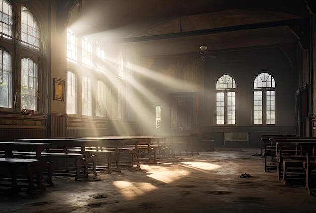 a light shines in an old building in the style of god rays