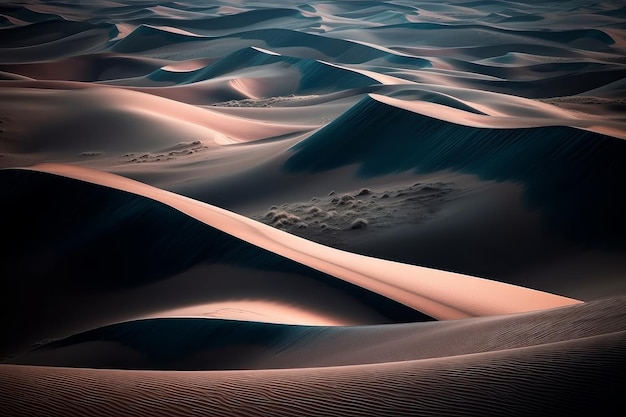 A light shines on the sand dunes of the desert.