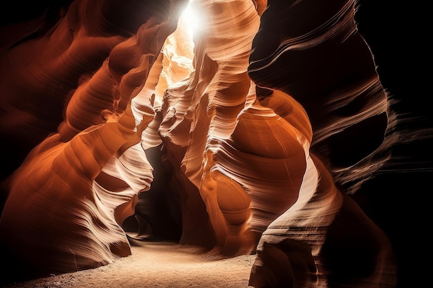 A light shines through the inside of antelope canyon