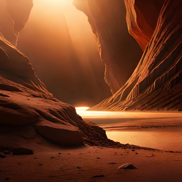 Photo a light shines through a slot canyon.