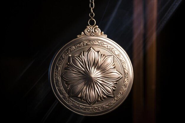 Photo light shining off an engraved medallion