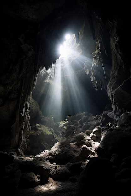 Light shining through a cave that is lit up with a beam of light.