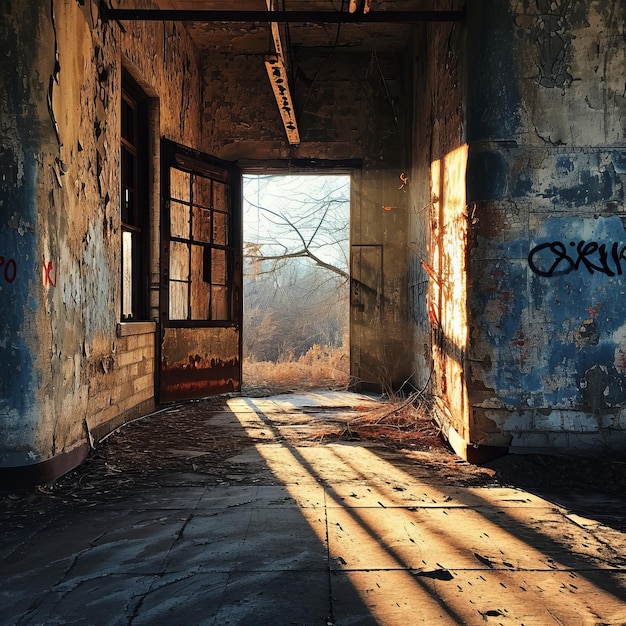 a light shining through a doorway in an old building