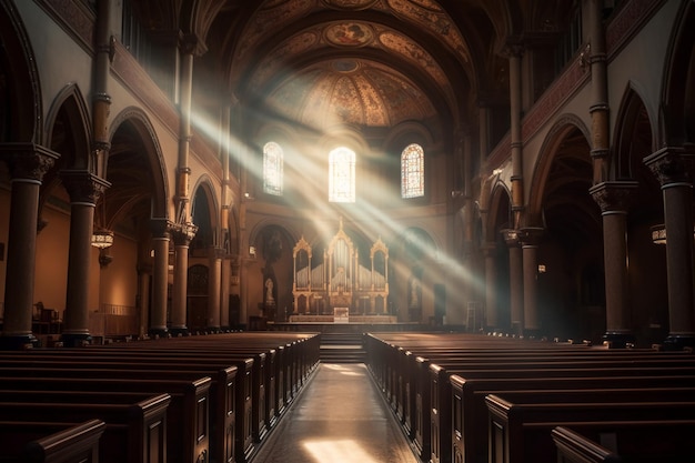 Light shining through the windows of a church