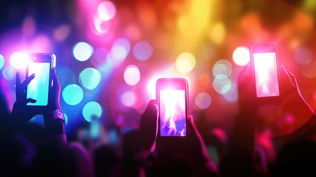 Photo light show and silhouette hands of audience crowd people use smart phones enjoying the club party with concert blurry night club dj party people enjoy of music dancing soundabstract background