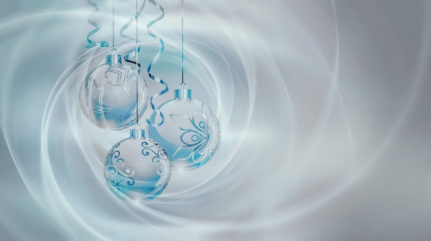 크리스마스 공이 있는 새해를 위한 밝은 은색 파란색 배경