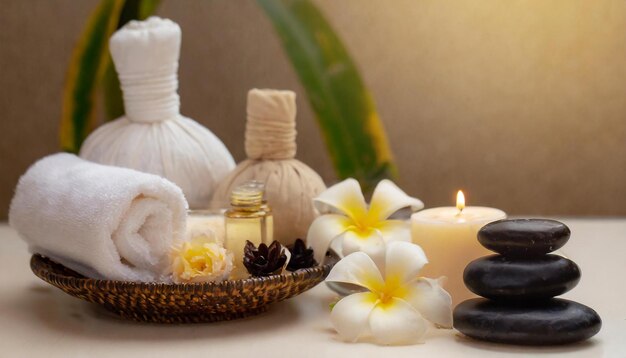 Light spa still life with candles plumeria oil massage stones and towels on neutral background