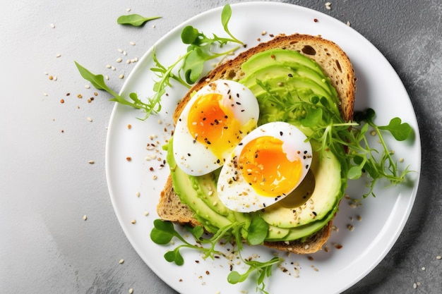 Over a light stone background there is a top view of avocado egg salad on bread