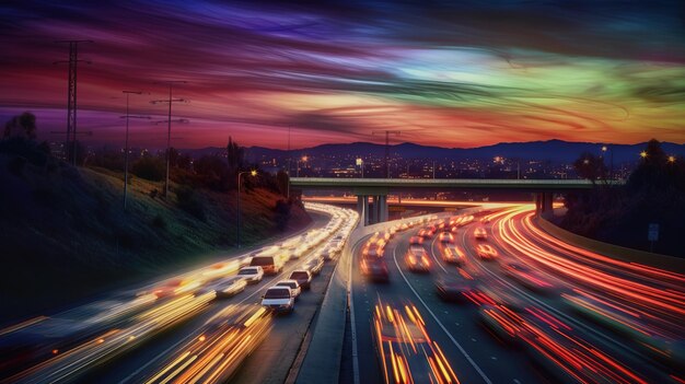 Light streaks during rush hour on a freewayGenerative AI