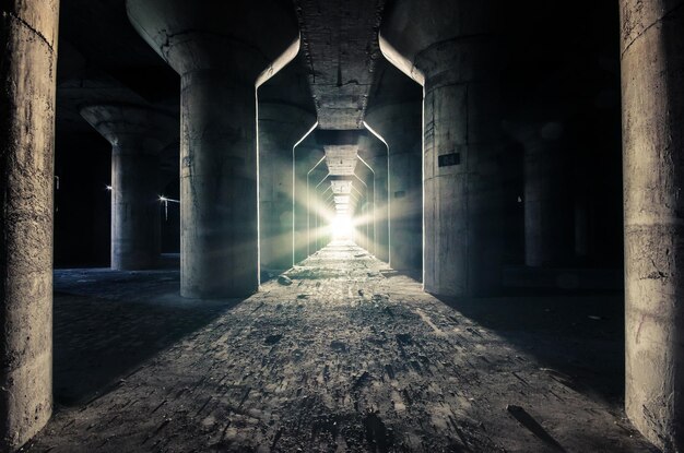 light streaming through columns under bridge
