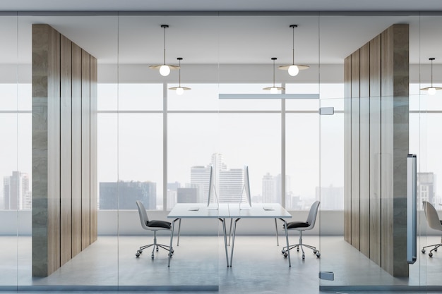 Light stylish office room with glass walls wooden partitions modern computers on minimalistic tables and city view from huge window 3D rendering