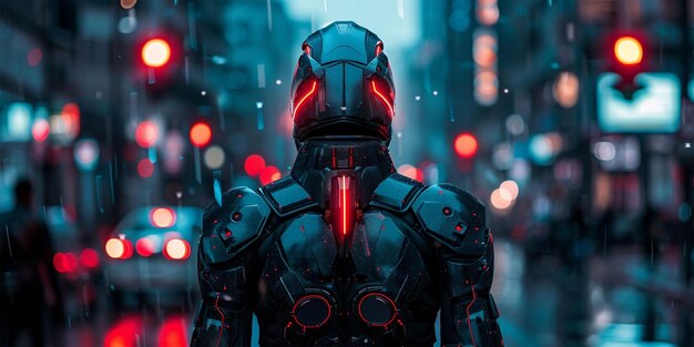 Photo light surround futurist robot surrounded by red lights and neon