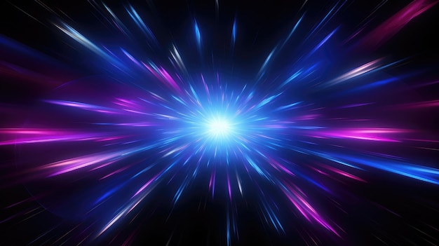 Light and swirling star burst of blue and purple light in a black background