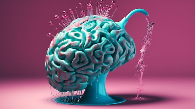 A light teal and light magenta brain watered by a watering can