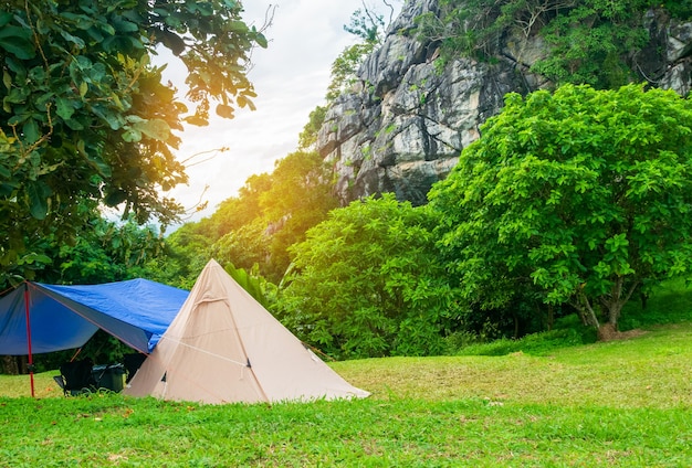 Light tent to watch the mist and the sun rise in a forest camp among the meadows.