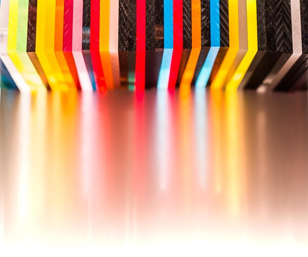 Photo light through stack of different colours cast acrylic sheet on white background