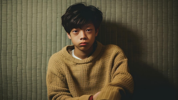 心配しているアジア人の 14 歳の少年の明るいトーンのストック写真