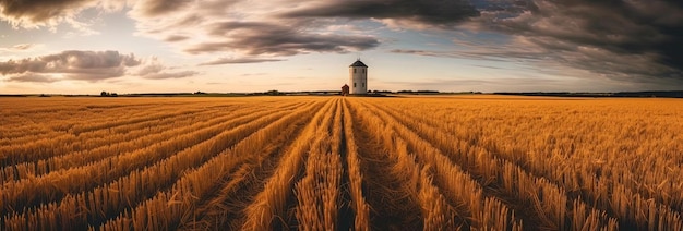 a light tower is sitting in the middle of a wheat field with clouds near the ground