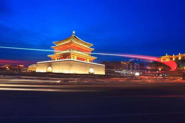 Light trails on the ancient city at night in xianChina