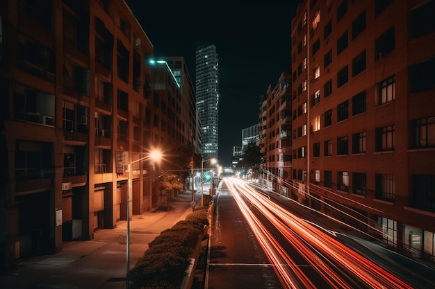 Light trails above buildings