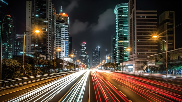 light trails above buildings