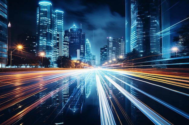 Light trails on city street with cityscape