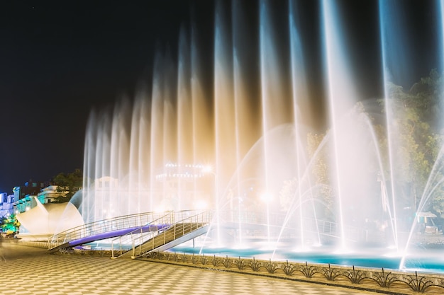 Foto sentieri di luce sulla fontana in città di notte