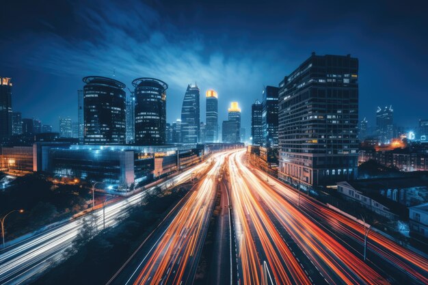 light trails on the modern building background in shanghai china Night cityscape with buildings and roads in Beijing city captured in a long exposure photo AI Generated