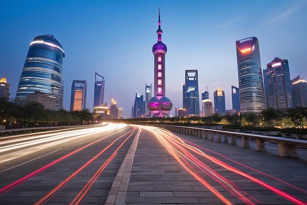 The light trails on the modern building background in shanghai china