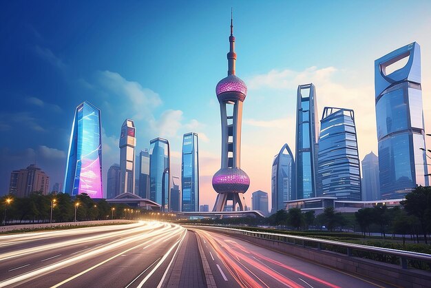 The light trails on the modern building background in shanghai china