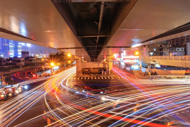 Photo light trails on road at night