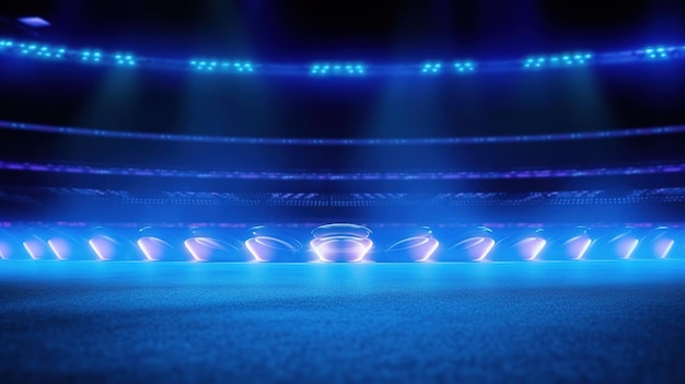 Световые дорожки на стадионе Абстрактный синий неоновый фон стадиона AI Generated